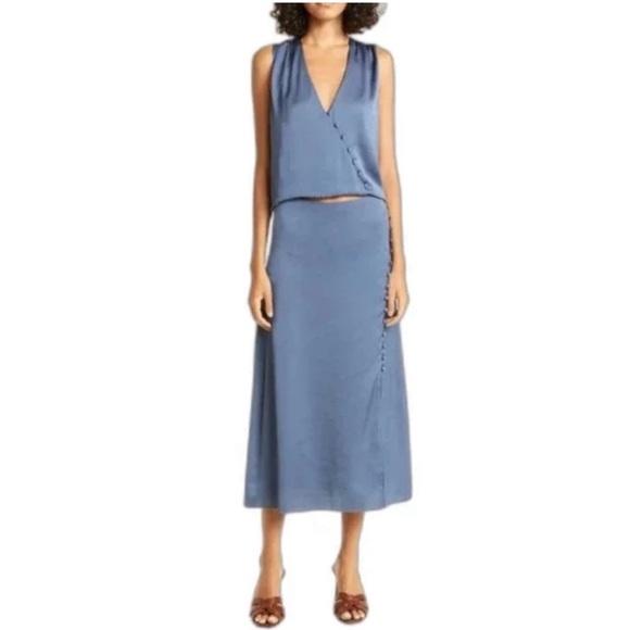 Veronica Beard Franconia Side Button Satin Skirt in Lagoon Blue - Picture 1 of 8